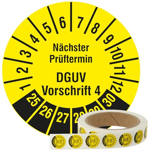 Labelident Mehrjahresprüfplaketten 2025-2030 - Nächster Prüftermin DGUV Vorschrift 4 - Ø 20 mm, 1.000 widerstandsfähige Prüfplaketten auf Rolle, Polyethylen, gelb, selbstklebend von Labelident