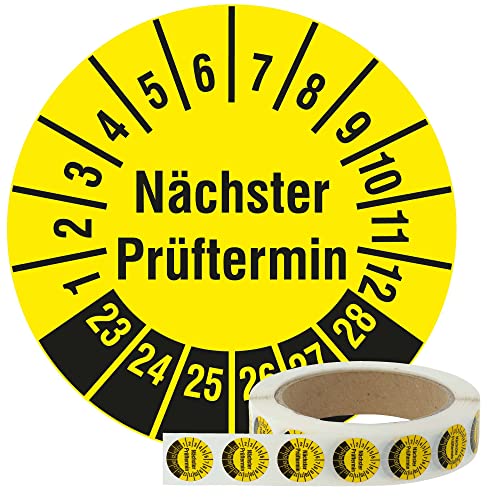 Labelident Mehrjahresprüfplaketten Nächster Prüftermin 2023-2028 - Ø 20 mm - 1000 fälschungssichere Prüfplaketten auf Rolle, Dokumentenfolie, gelb, selbstklebend von Labelident