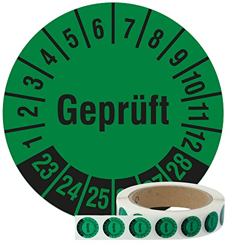 Labelident Prüfplaketten Geprüft 2023-2028 - Ø 20 mm - 1.000 widerstandsfähige Mehrjahresprüfplaketten auf Rolle, Polyethylen, Prüfetiketten grün, selbstklebend von Labelident