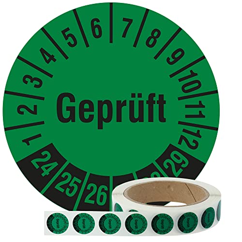 Labelident Prüfplaketten Geprüft 2024-2029 - Ø 20 mm - 1.000 widerstandsfähige Mehrjahresprüfplaketten auf Rolle, Polyethylen, Prüfetiketten grün, selbstklebend von Labelident
