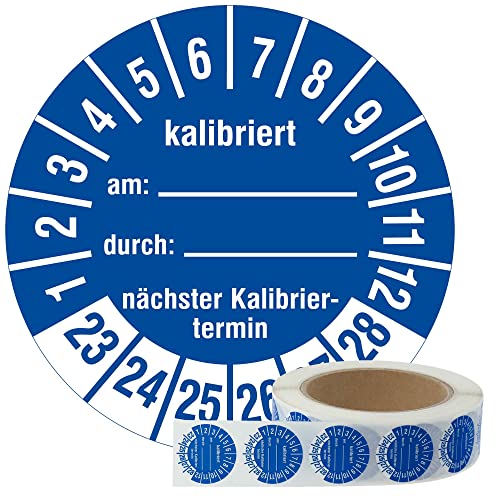 Labelident Prüfplaketten Kalibriert am, durch, nächster Kalibriertermin 2023-2028 - Ø 30 mm - 1.000 widerstandsfähige Mehrjahresprüfplaketten auf Rolle, Polyethylen, Prüfetiketten blau, selbstklebend von Labelident