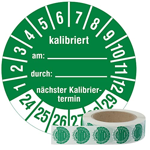 Labelident Prüfplaketten Kalibriert am, durch, nächster Kalibriertermin 2024-2029 - Ø 30 mm - 1.000 widerstandsfähige Mehrjahresprüfplaketten auf Rolle, Polyethylen, Prüfetiketten grün, selbstklebend von Labelident
