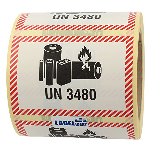 Transportaufkleber - Lithium-Ionen-Batterien, UN 3480-100 x 70 mm - 500 Batterie Aufkleber auf 1 Rolle(n), Akku Etiketten von Labelident