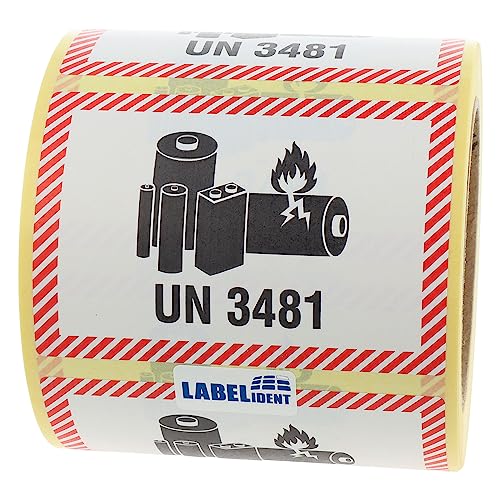Transportaufkleber - Lithium-Ionen-Batterien in Ausrüstungen oder mit Ausrüstungen verpackt, UN 3481-100 x 70 mm - 500 Batterie Aufkleber auf 40 mm Rolle, Akku Etiketten von Labelident