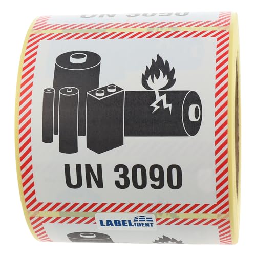 Labelident Transportaufkleber - enthält Lithium Metall Batterien, UN 3090-100 x 100 mm - 500 Batterie Aufkleber auf 1,57 Zoll (40 mm) Rolle, Akku Etiketten von Labelident