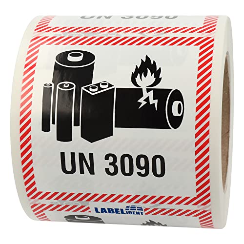 Labelident Transportaufkleber - enthält Lithium Metall Batterien UN 3090-100 x 100 mm - 500 Batterie Aufkleber auf 76 mm (3 Zoll) Rolle, Akku Etiketten von Labelident