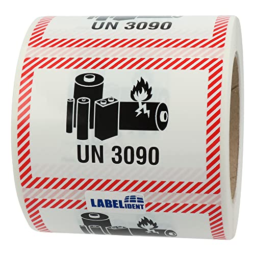 Labelident Transportaufkleber - enthält Lithium Metall Batterien UN 3090-100 x 70 mm - 500 Batterie Aufkleber auf 76 mm (3 Zoll) Rolle, Akku Etiketten von Labelident