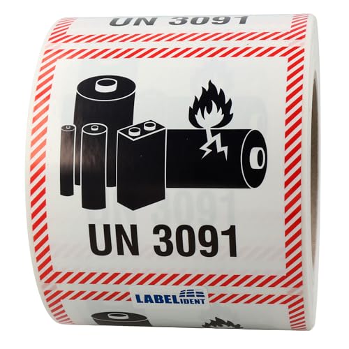 Labelident Transportaufkleber - Lithium Metall Batterien in Ausrüstungen oder mit Ausrüstungen verpackt, UN 3091-100 x 100 mm - 500 Batterie Aufkleber auf 1,57 Zoll (40 mm) Rolle, Akku Etiketten von Labelident