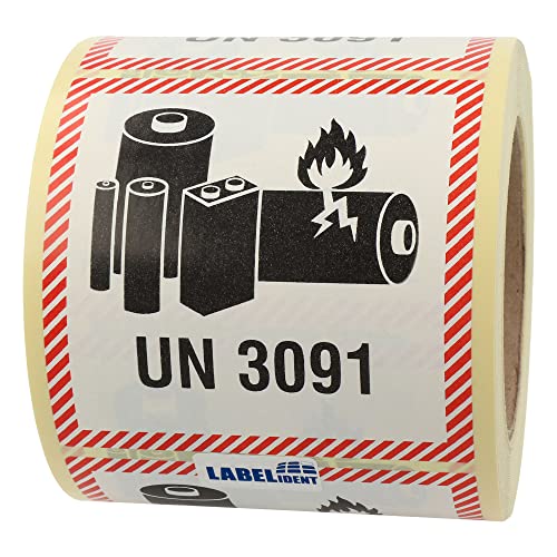 Labelident Transportaufkleber - Lithium Metall Batterien in Ausrüstungen oder mit Ausrüstungen verpackt, UN 3091-100 x 100 mm - 500 Batterie Aufkleber auf 1,57 Zoll (40 mm) Rolle, Akku Etiketten von Labelident
