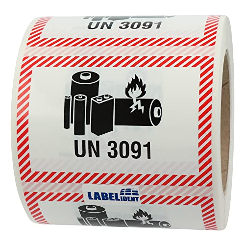 Labelident Transportaufkleber - enthält Lithium Metall Batterien UN 3091-100 x 70 mm - 500 Batterie Aufkleber auf 76 mm (3 Zoll) Rolle, Akku Etiketten von Labelident