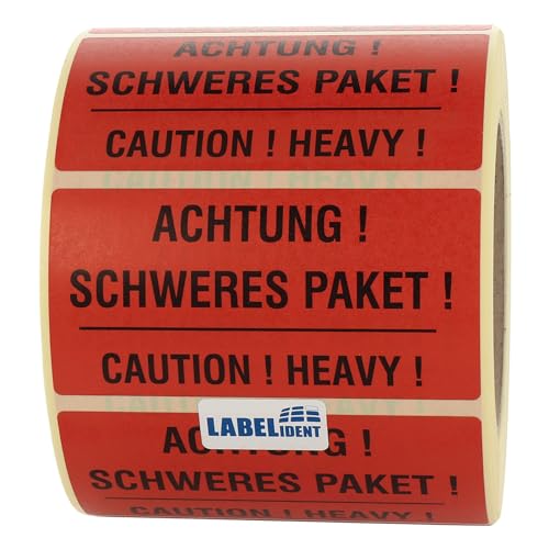 Labelident Warnetiketten 100 x 50 mm - Achtung! Schweres Paket! Caution! Heavy! - 1.000 Versandaufkleber auf 1 Rolle(n), 3 Zoll (76,2 mm) Kern, Papier selbstklebend von Labelident