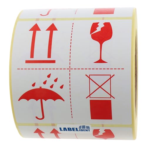 Labelident Warnetiketten 100 x 100 mm - Pfeile - Schirm - Glas - Kartons - Seite nach oben/Nässe/Zerbrechlich/Nicht stapeln - 500 Versandaufkleber auf 1 Rolle(n), 1,57 Zoll (40 mm) Kern, Papier von Labelident