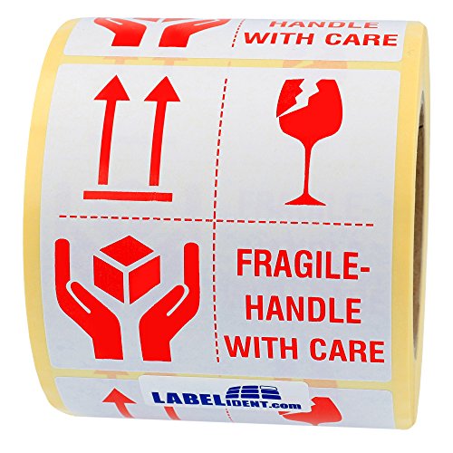 Labelident Warnetiketten 100 x 100 mm - fragile - handle with care - 500 Versandaufkleber auf 1 Rolle(n), 3 Zoll (76,2 mm) Kern, Papier selbstklebend von Labelident