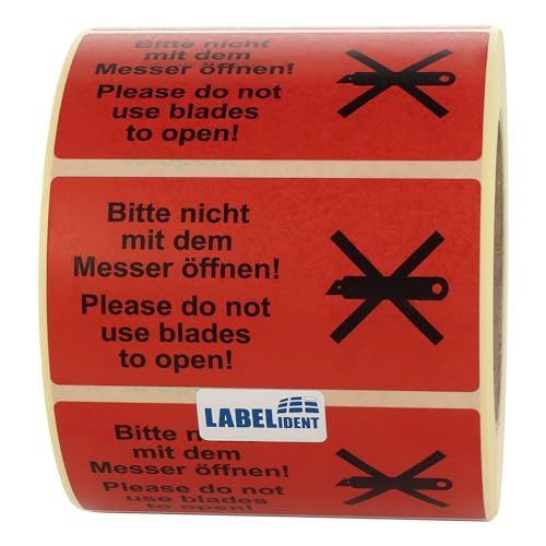 Labelident Warnetiketten 100 x 50 mm - Bitte nicht mit dem Messer öffnen/Please do not use blades to open - 1.000 Versandaufkleber auf 1 Rolle(n), 3 Zoll (76,2 mm) Kern, Papier selbstklebend von Labelident