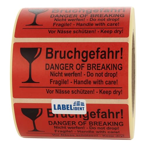 Labelident Warnetiketten 100 x 50 mm - Bruchgefahr! Danger of Breaking - Nicht werfen! Do not drop - 1.000 Versandaufkleber auf 1 Rolle(n), 3 Zoll (76,2 mm) Kern, Papier selbstklebend von Labelident