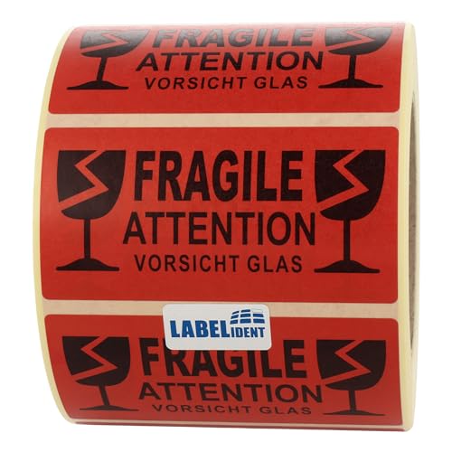 Labelident Warnetiketten 100 x 50 mm - Fragile - Attention - Vorsicht Glas - 1.000 Vorsicht Glas Aufkleber auf 1 Rolle(n), 3 Zoll (76,2 mm) Kern, Papier selbstklebend von Labelident