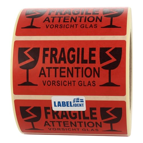 Labelident Warnetiketten 100 x 50 mm - Fragile - Attention - Vorsicht Glas - 1.000 Vorsicht Glas Aufkleber auf 1 Rolle(n), 1,57 Zoll (40 mm) Kern, Papier selbstklebend. von Labelident