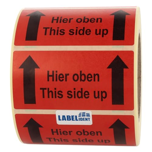 Labelident Warnetiketten 100 x 50 mm - Hier oben/This side up - 1.000 Versandaufkleber auf 1 Rolle(n), 3 Zoll (76,2 mm) Kern, Papier selbstklebend von Labelident