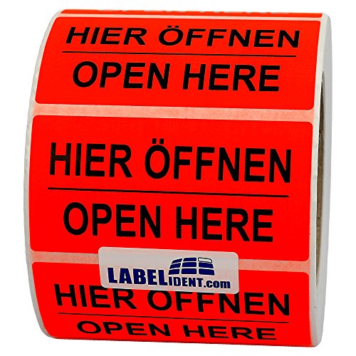 Labelident Warnetiketten 100 x 50 mm - Hier öffnen - Open here - 1.000 Versandaufkleber auf 1 Rolle(n), 3 Zoll (76,2 mm) Kern, Papier selbstklebend von Labelident