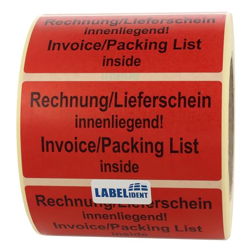 Labelident Warnetiketten 100 x 50 mm - Rechnung/Lieferschein innenliegend Invoice/Packing List inside - 1.000 Versandaufkleber auf 1 Rolle(n), 3 Zoll (76,2 mm) Kern, Papier selbstklebend von Labelident