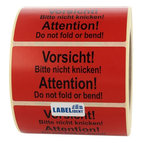 Labelident Warnetiketten 100 x 50 mm - Vorsicht! Bitte nicht knicken! Attention! - 1.000 Versandaufkleber auf 1 Rolle(n), 3 Zoll (76,2 mm) Kern, Papier selbstklebend von Labelident