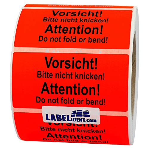 Labelident Warnetiketten 100 x 50 mm - Vorsicht! Bitte nicht knicken! Attention! - 1.000 Versandaufkleber auf 1 Rolle(n), 3 Zoll (76,2 mm) Kern, Papier selbstklebend von Labelident