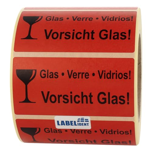 Labelident Warnetiketten auf Rolle 100 x 50 mm - Vorsicht Glas - Verre - Vidrios - 1000 Vorsicht Glas Aufkleber auf 1 Rolle(n), 3 Zoll Kern, Papier selbstklebend, rot von Labelident