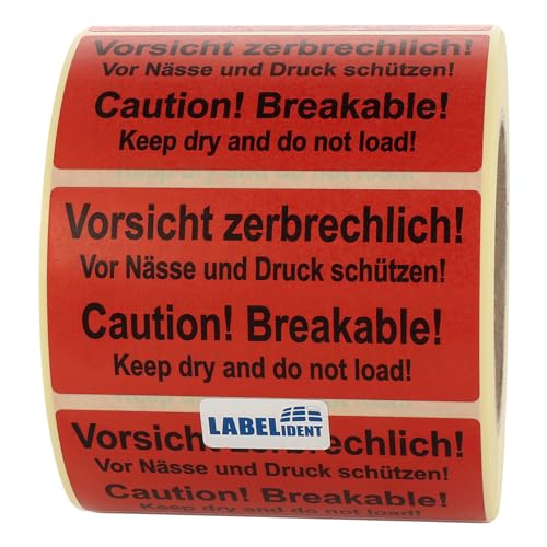 Labelident Warnetiketten 100 x 50 mm - Vorsicht zerbrechlich! Caution! Breakable! - 1.000 Versandaufkleber auf 1 Rolle(n), 3 Zoll (76,2 mm) Kern, Papier selbstklebend von Labelident
