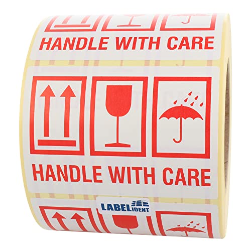 Labelident Warnetiketten 105 x 74 mm - handle with care - 1.000 Versandaufkleber auf 1 Rolle(n), 3 Zoll (76,2 mm) Kern, Papier selbstklebend von Labelident