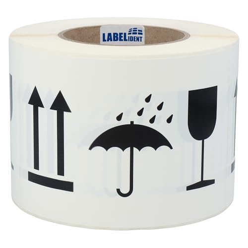 Labelident Warnetiketten 150 x 100 mm - Pfeile - Glas - Schirm - Seite nach oben/Vor Nässe schützen/Zerbrechlich - 500 Versandaufkleber auf 1 Rolle(n), 1,57 Zoll (40 mm) Kern, Polyethylen von Labelident