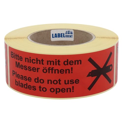 Warnetiketten 150 x 50 mm - Bitte nicht mit dem Messer öffnen/Please do not use blades to open - 500 Versandaufkleber auf 1 Rolle(n), 40 mm Kern, Papier selbstklebend von Labelident