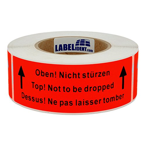 Warnetiketten 150 x 50 mm - Oben! Nicht stürzen! Top! Not to be dropped! Dessus! - 500 Versandaufkleber auf 1 Rolle(n), 40 mm Kern, Papier selbstklebend von Labelident