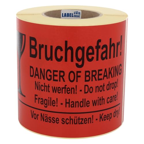 Labelident Warnetiketten 210 x 148 mm - Bruchgefahr! Danger of Breaking - Nicht werfen! Do not drop - 500 Versandaufkleber auf 1 Rolle(n), 3 Zoll (76,2 mm) Kern, Papier selbstklebend von Labelident