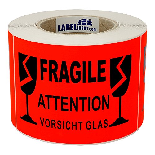 Labelident Warnetiketten 210 x 148 mm - Fragile - Attention - Vorsicht Glas - 500 Vorsicht Glas Aufkleber auf 1 Rolle(n), 3 Zoll (76,2 mm) Kern, Papier selbstklebend von Labelident