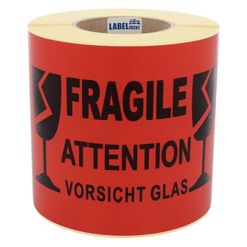 Labelident Warnetiketten 210 x 148 mm - Fragile - Attention - Vorsicht Glas - 500 Vorsicht Glas Aufkleber auf 1 Rolle(n), 3 Zoll (76,2 mm) Kern, Papier selbstklebend von Labelident