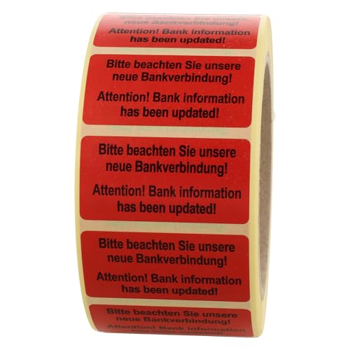 Labelident Warnetiketten 50,8 x 25,4 mm - Bitte beachten Sie unsere neue Bankverbindung! - 1.000 Versandaufkleber auf 1 Rolle(n), 1,57 Zoll (40 mm) Kern, Papier selbstklebend von Labelident
