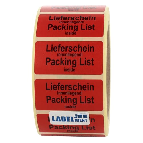 Warnetiketten 50,8 x 25,4 mm - Lieferschein innenliegend! Packing list inside - 1.000 Versandaufkleber auf 1 Rolle(n), 40 mm Kern, Papier selbstklebend von Labelident