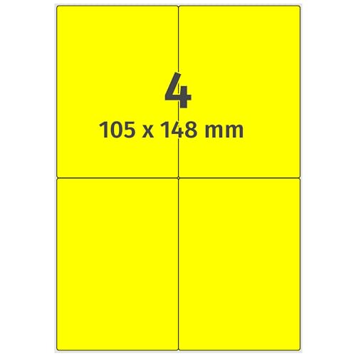Labelident farbige Etiketten DIN A4 leuchtgelb - 105 x 148 mm - 400 Papier Farbetiketten auf 100 Blatt, Laser Etiketten farbig selbstklebend, bedruckbar von Labelident