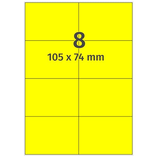 Labelident farbige Etiketten DIN A4 leuchtgelb - 105 x 74 mm - 800 Papier Farbetiketten auf 100 Blatt, Laser Etiketten farbig selbstklebend, bedruckbar von Labelident