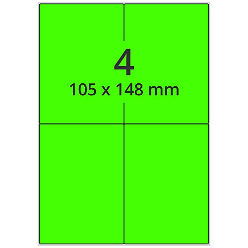 Labelident farbige Etiketten DIN A4 leuchtgrün - 105 x 148 mm - 400 Papier Farbetiketten auf 100 Blatt, Laser Etiketten farbig selbstklebend, bedruckbar von Labelident