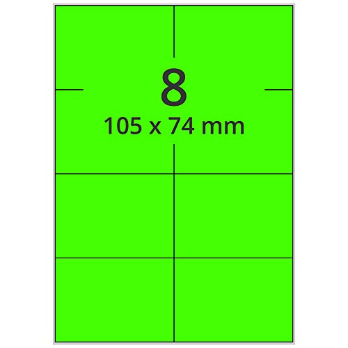 Labelident farbige Etiketten DIN A4 leuchtgrün - 105 x 74 mm - 800 Papier Farbetiketten auf 100 Blatt, Laser Etiketten farbig selbstklebend, bedruckbar von Labelident