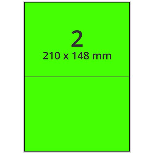 Labelident farbige Etiketten DIN A4 leuchtgrün - 210 x 148 mm - 200 Papier Farbetiketten auf 100 Blatt, Laser Etiketten farbig selbstklebend, bedruckbar von Labelident