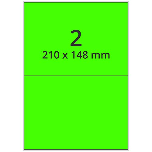 Farbige Etiketten DIN A4 leuchtgrün - 210 x 148 mm - 200 Papier Farbetiketten auf 100 Blatt, Laser Etiketten neongrün, bedruckbar Farbige Etiketten DIN A4 leuchtgrün - 210 x 148 mm - 200 Papier Farbetiketten auf 100 Blatt, Laser Etiketten neongrün, bedruckbar von Labelident