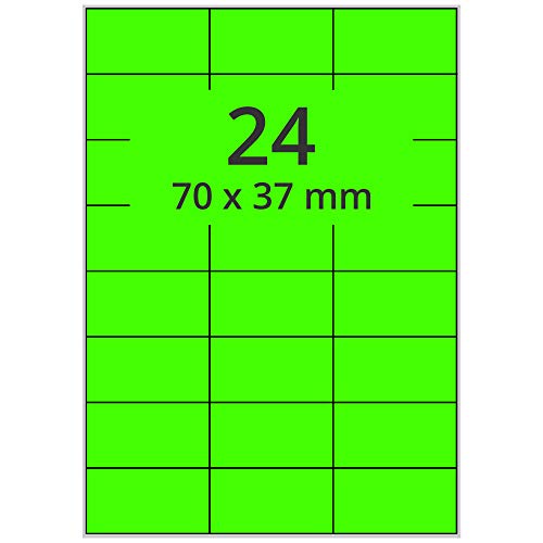 Farbige Etiketten DIN A4 leuchtgrün - 70 x 37 mm - 2.400 Papier Farbetiketten auf 100 Blatt, Laser Etiketten neongrün, bedruckbar von Labelident