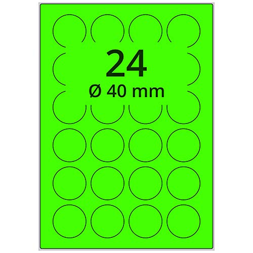 Labelident farbige Etiketten DIN A4 leuchtgrün - Ø 40 mm - 2.400 Papier Farbetiketten auf 100 Blatt, Laser Etiketten farbig selbstklebend, bedruckbar von Labelident