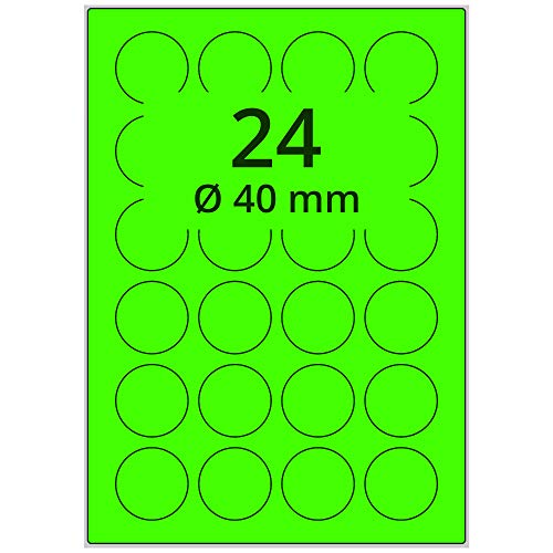Labelident farbige Etiketten DIN A4 leuchtgrün - Ø 40 mm - 2.400 Papier Farbetiketten auf 100 Blatt, Laser Etiketten farbig selbstklebend, bedruckbar von Labelident