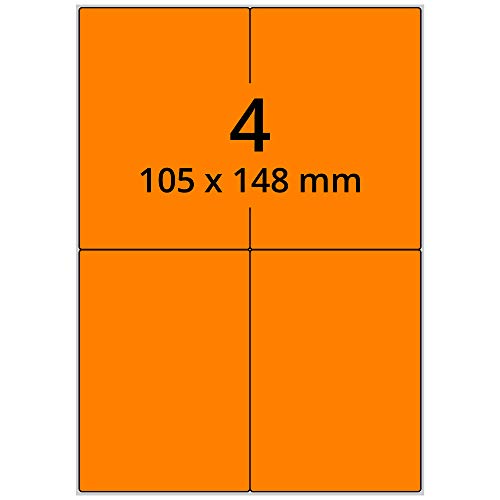 Farbige Etiketten DIN A4 leuchtorange - 105 x 148 mm - 400 Papier Farbetiketten auf 100 Blatt, Laser Etiketten neonorange, bedruckbar von Labelident