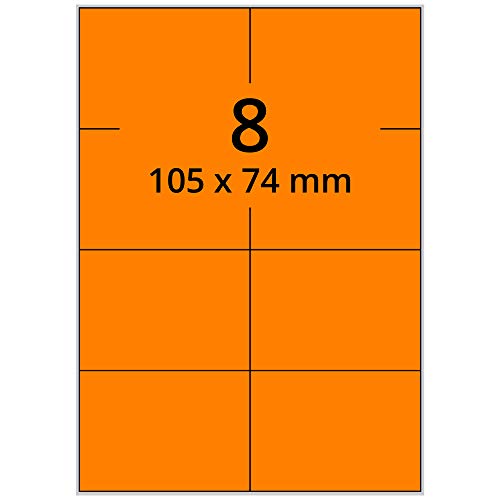 Labelident farbige Etiketten DIN A4 leuchtorange - 105 x 74 mm - 800 Papier Farbetiketten auf 100 Blatt, Laser Etiketten farbig selbstklebend, bedruckbar von Labelident