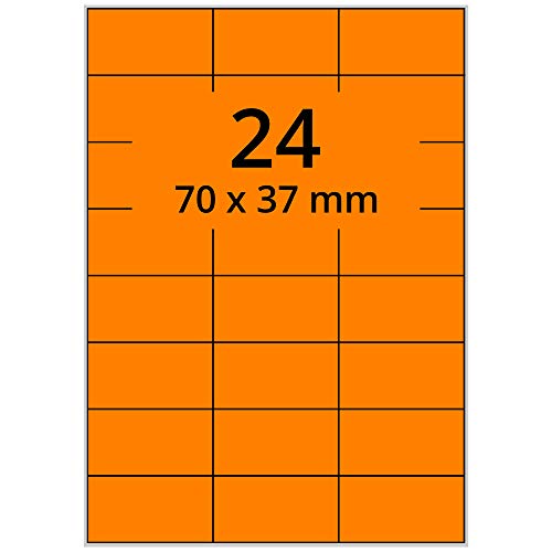 Farbige Etiketten DIN A4 leuchtorange - 70 x 37 mm - 2.400 Papier Farbetiketten auf 100 Blatt, Laser Etiketten neonorange, bedruckbar von Labelident