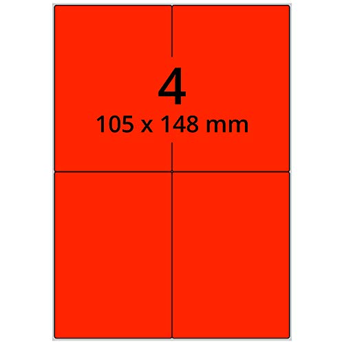 Labelident farbige Etiketten DIN A4 leuchtrot - 105 x 148 mm - 400 Papier Farbetiketten auf 100 Blatt, Laser Etiketten farbig selbstklebend, bedruckbar von Labelident